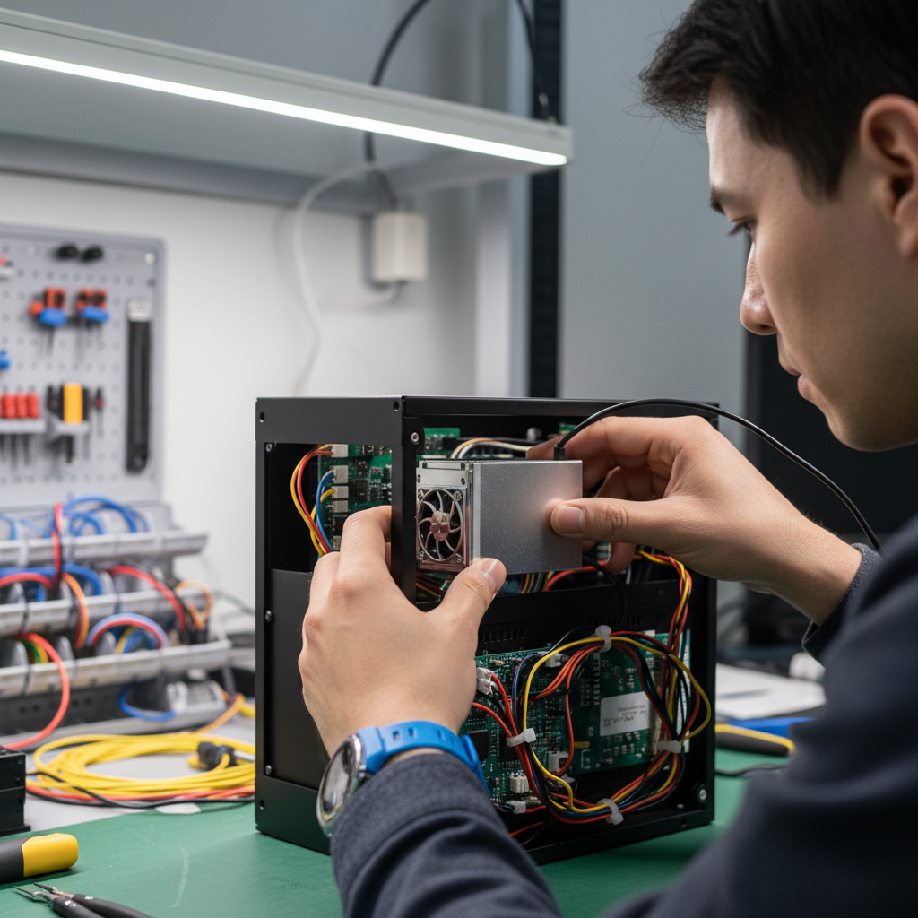 A micro DC air conditioner module being installed in a compact electronics enclosure.