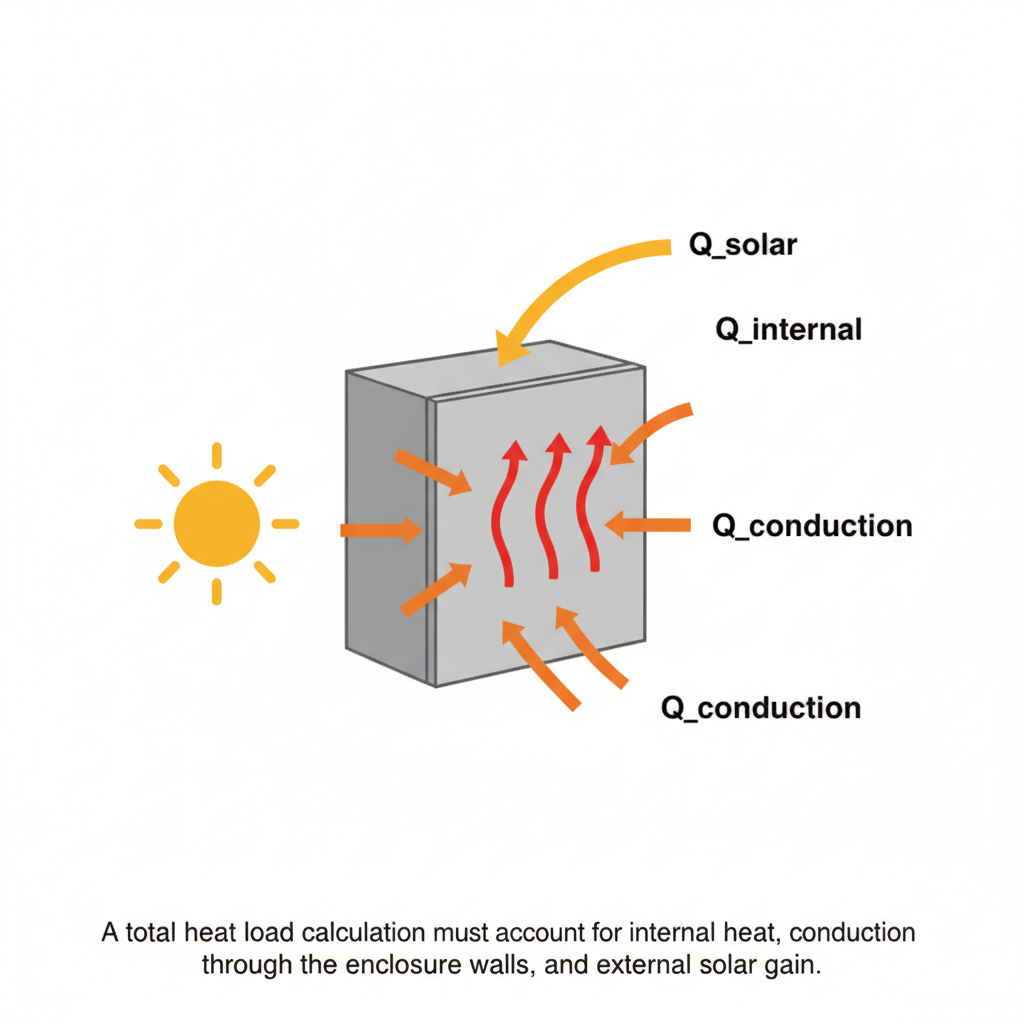 Diagram showing heat load sources on an outdoor electronics cabinet including solar gain and internal components.